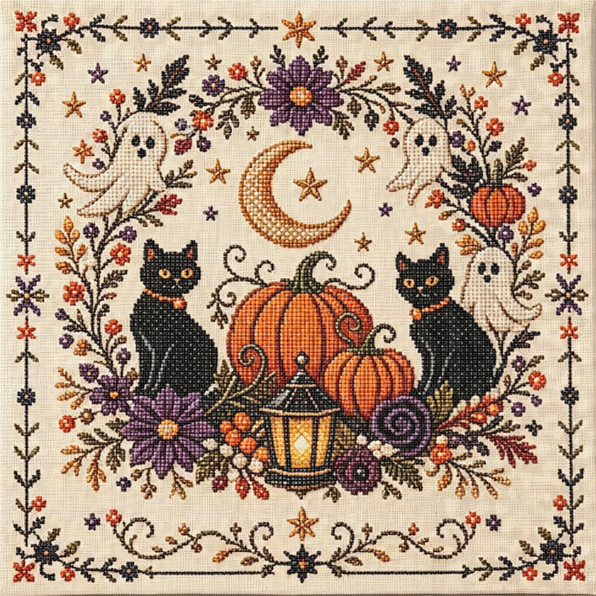 Schwarze Katzen-Kürbis – Stempel-Kreuzstich 30x30CM – Huacan