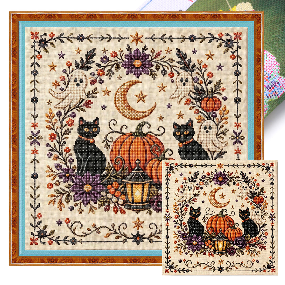 Schwarze Katzen-Kürbis – Stempel-Kreuzstich 30x30CM – Huacan