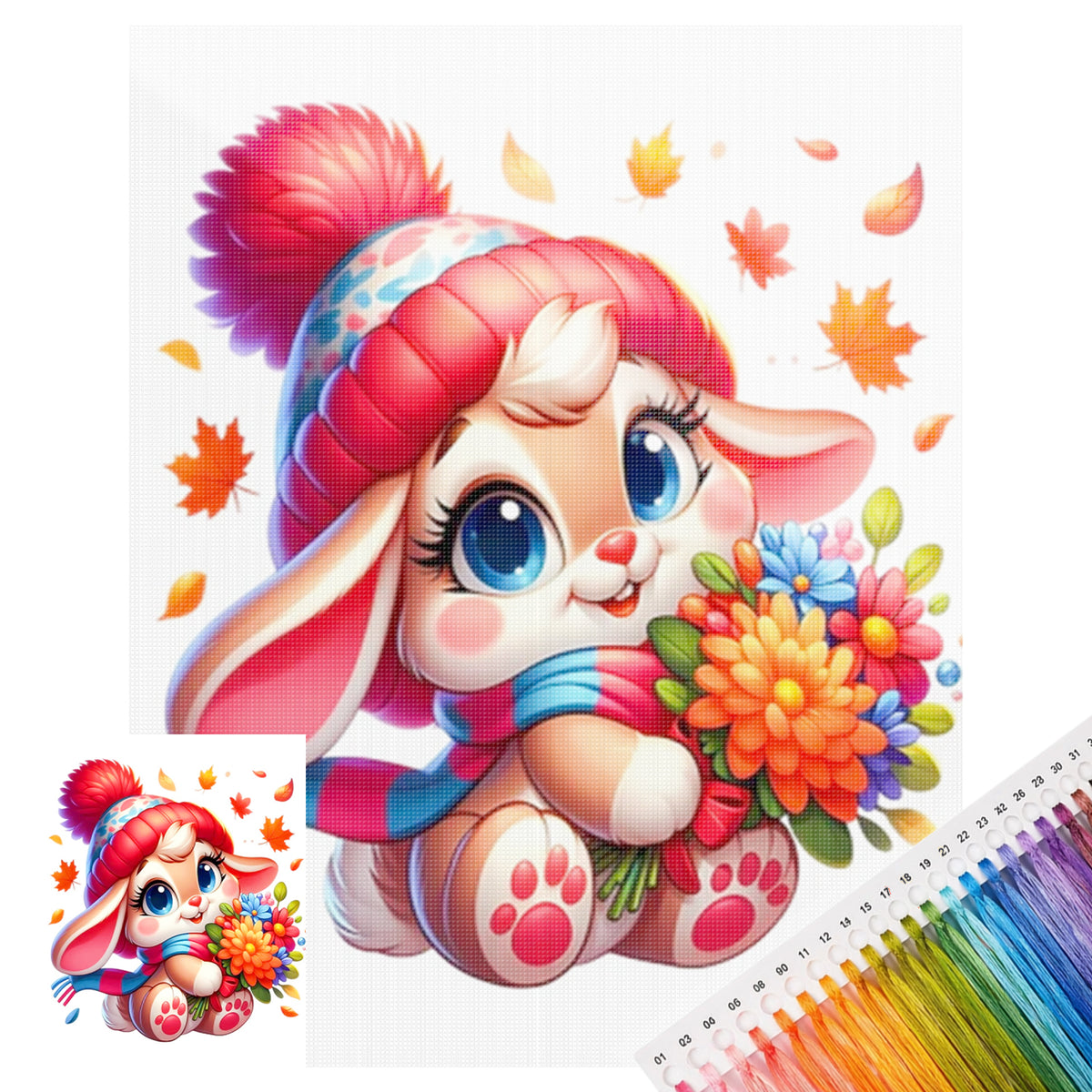 Hase mit Herbstblumen – Vollständiges 11CT Stempel-Kreuzstich-Set 40x50CM – Huacan