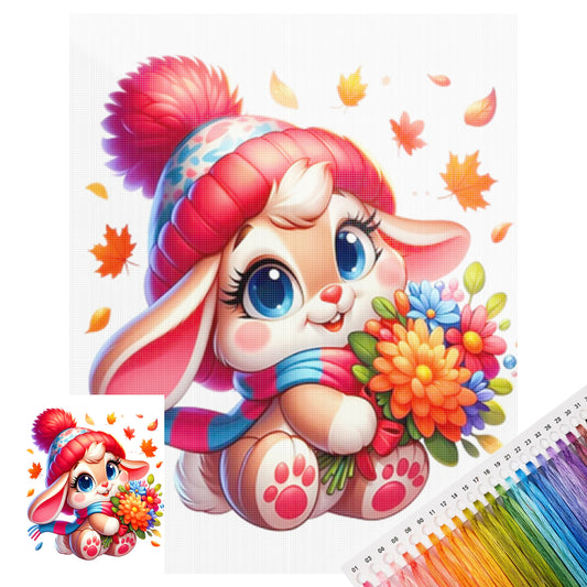 Hase mit Herbstblumen – Vollständiges 11CT Stempel-Kreuzstich-Set 40x50CM – Huacan