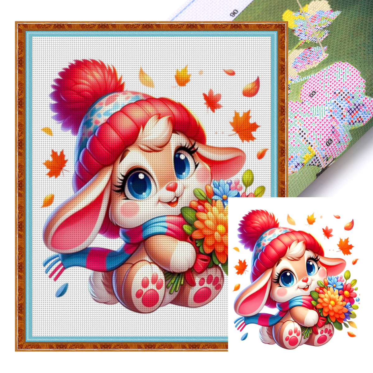Hase mit Herbstblumen – Vollständiges 11CT Stempel-Kreuzstich-Set 40x50CM – Huacan