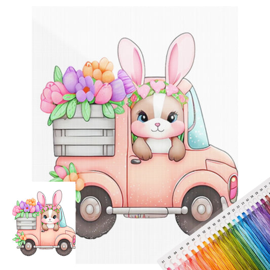 Hasen-Blumenwagen – Vollständiges 11CT Stempel-Kreuzstich-Set 40x50CM – Huacan