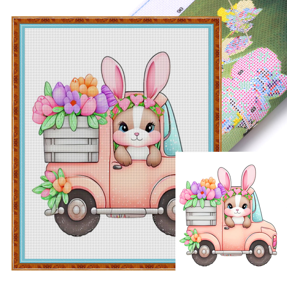 Hasen-Blumenwagen – Vollständiges 11CT Stempel-Kreuzstich-Set 40x50CM – Huacan