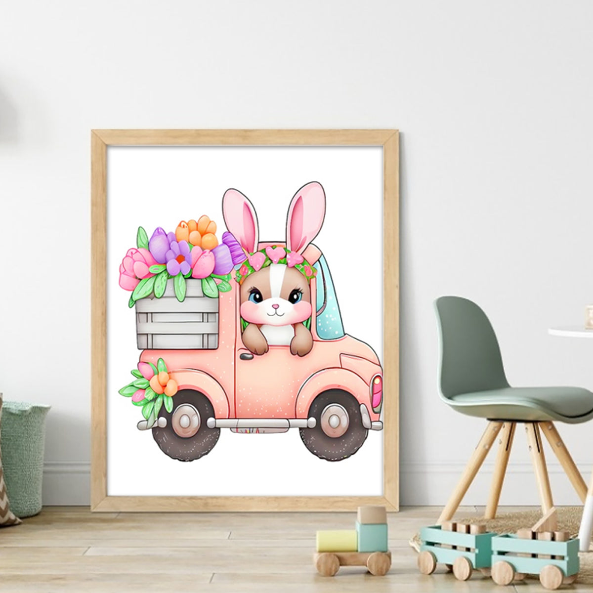 Hasen-Blumenwagen – Vollständiges 11CT Stempel-Kreuzstich-Set 40x50CM – Huacan