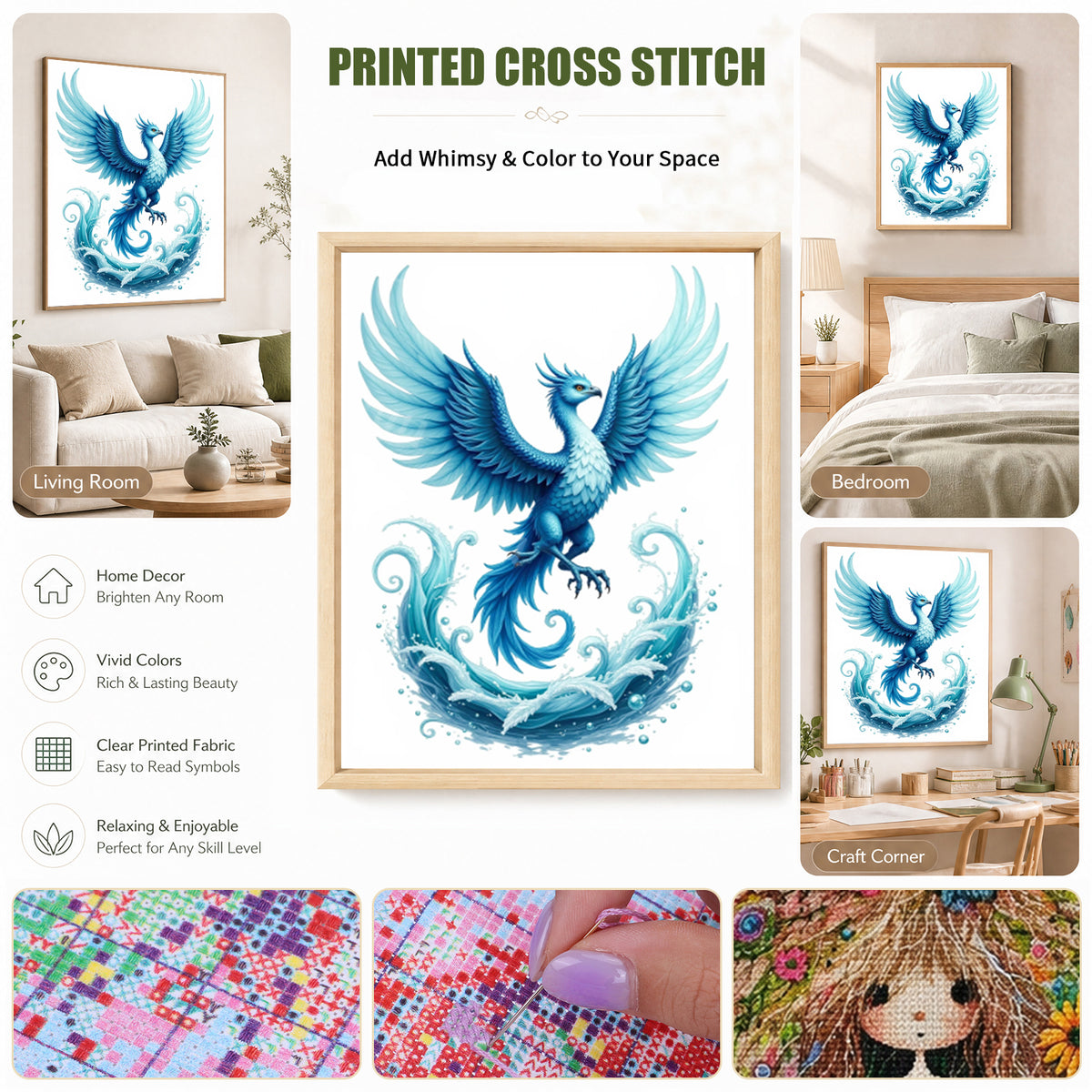 Blue Phoenix Over Blue Sea - Full 11CT Stamped Cross Stitch 40x50CM - Huacan