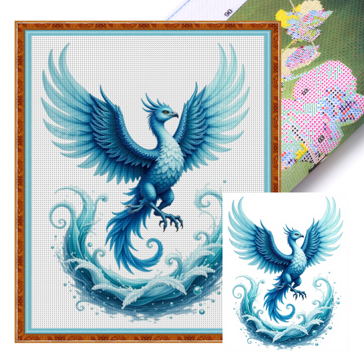Blue Phoenix Over Blue Sea - Full 11CT Stamped Cross Stitch 40x50CM - Huacan