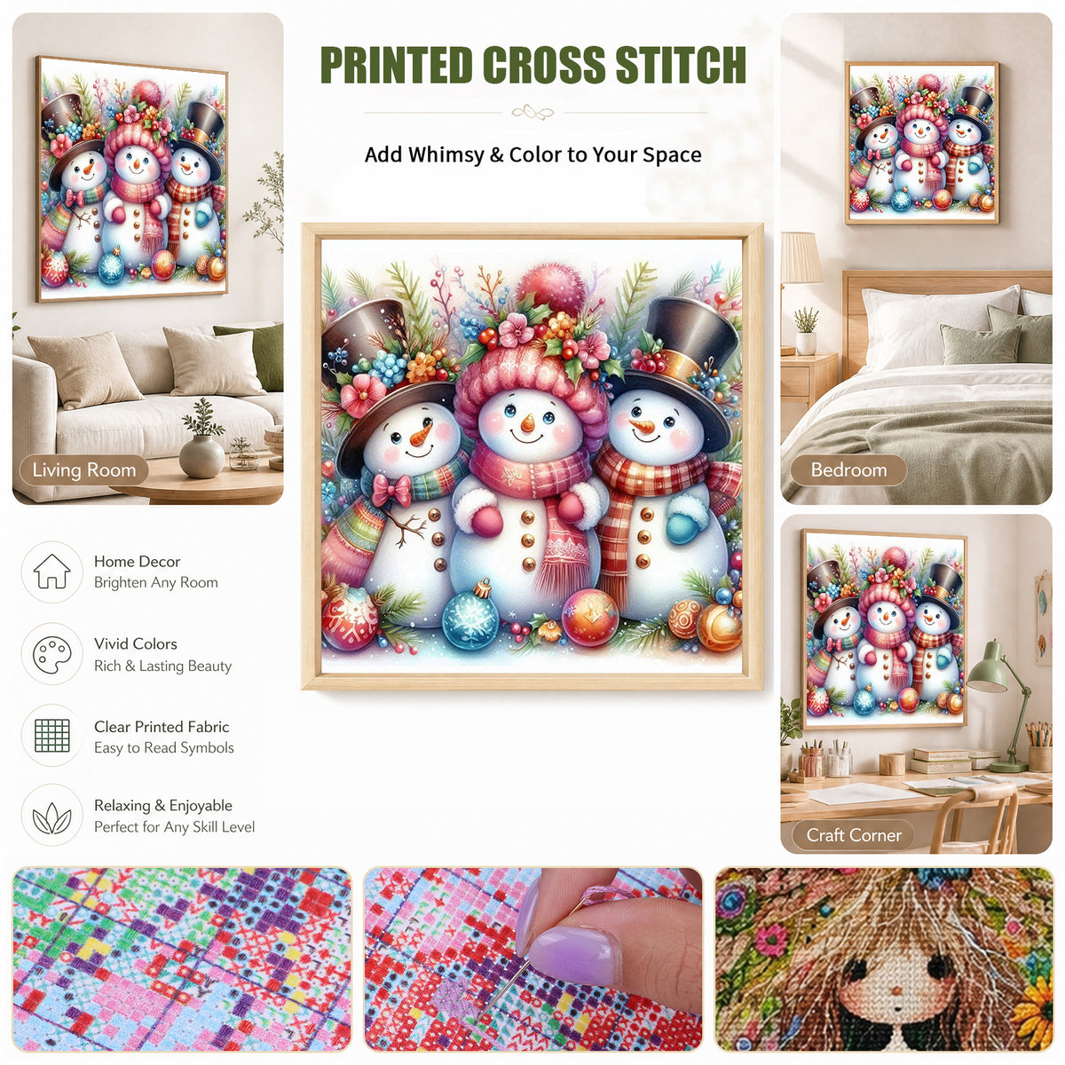Three Snowmen Gathering - Full 11CT Stamped Cross Stitch 40x40CM - Huacan