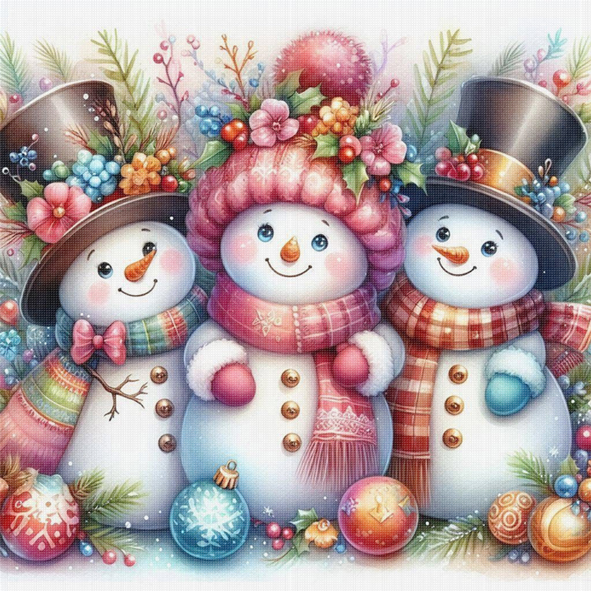 Three Snowmen Gathering - Full 11CT Stamped Cross Stitch 40x40CM - Huacan