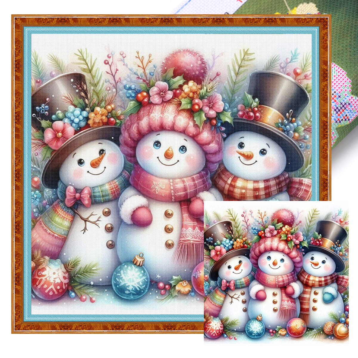 Three Snowmen Gathering - Full 11CT Stamped Cross Stitch 40x40CM - Huacan