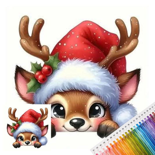 Rentier mit Weihnachtsmütze – Vollständiges 11CT Stempel-Stickpackung 40x40cm – Huacan