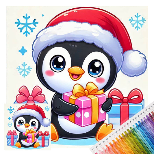 Gift Penguin - Full 11CT Stamped Cross Stitch 40x40CM - Huacan