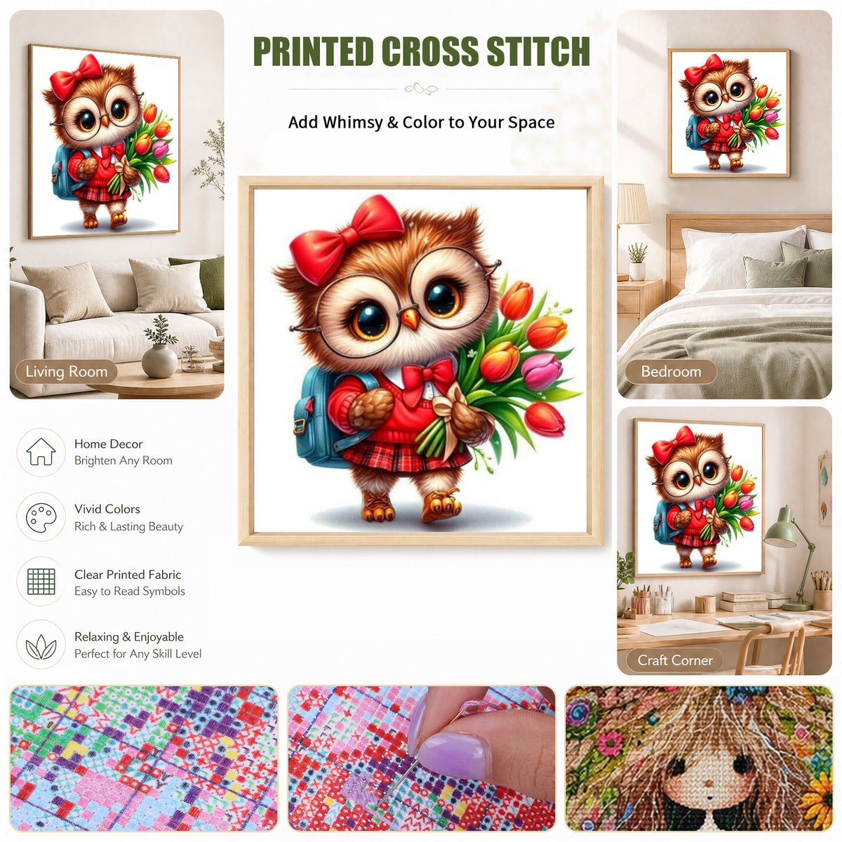 Owl With Tulip Bouquet - Full Stamped Cross Stitch 25x25CM - Huacan