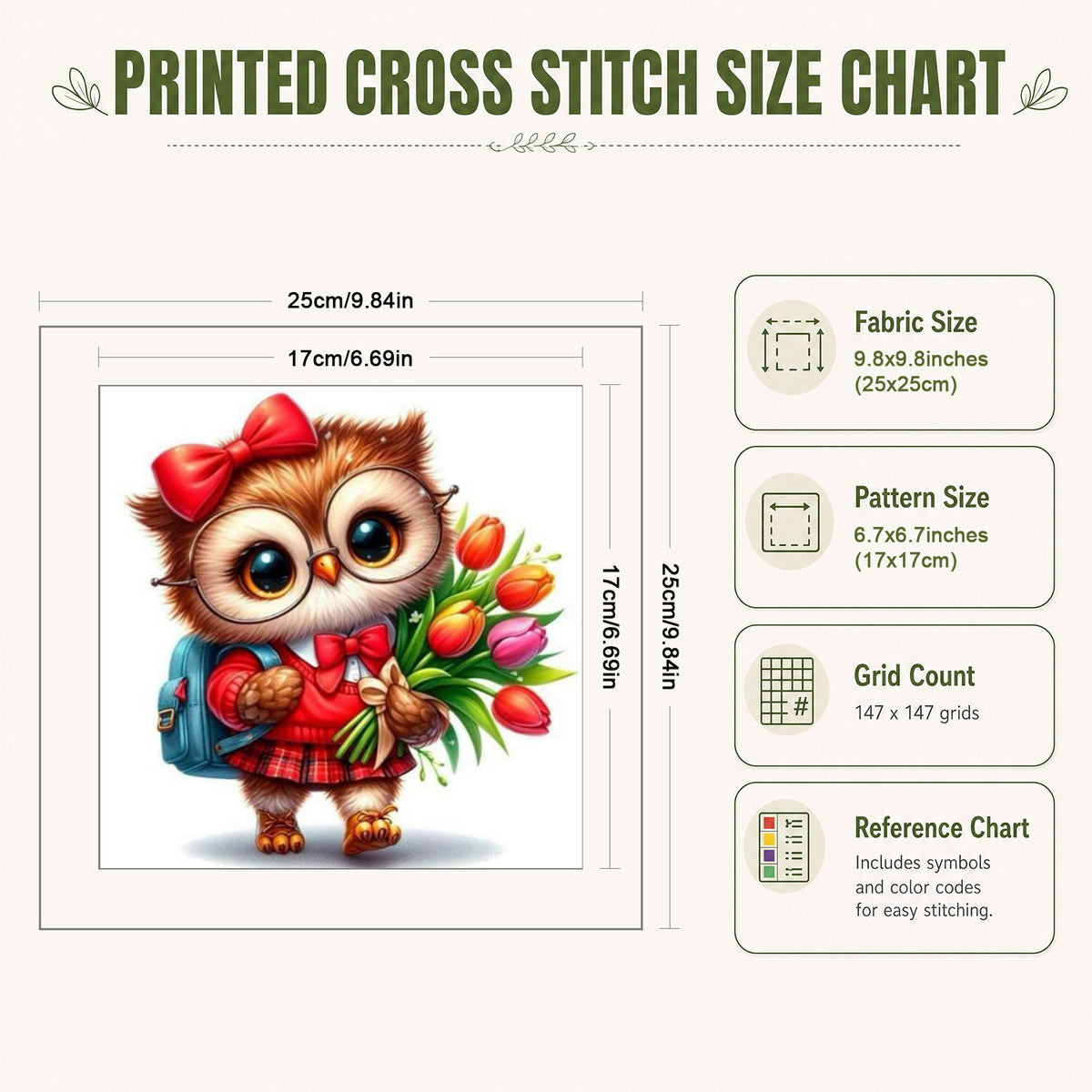 Owl With Tulip Bouquet - Full Stamped Cross Stitch 25x25CM - Huacan