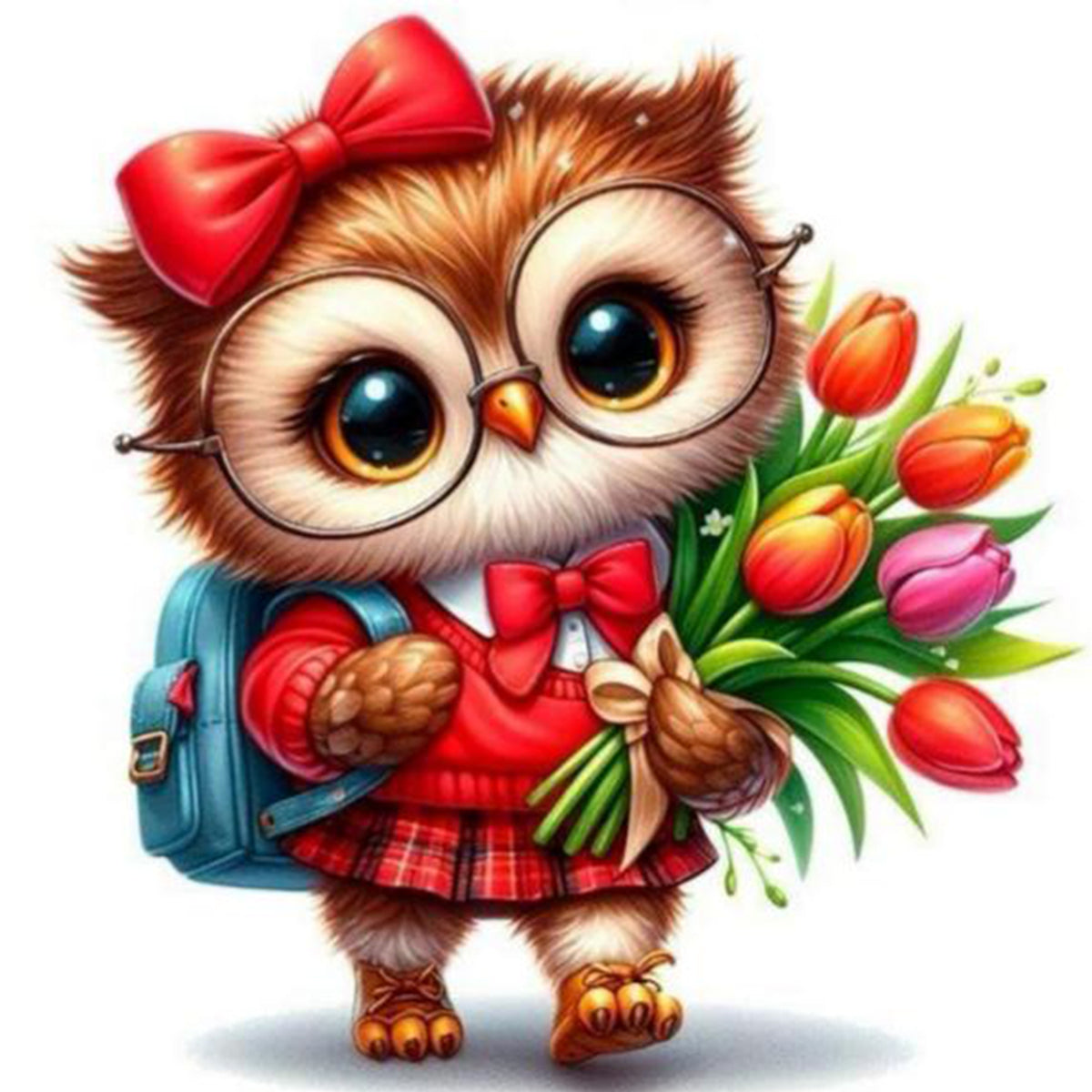 Owl With Tulip Bouquet - Full Stamped Cross Stitch 25x25CM - Huacan