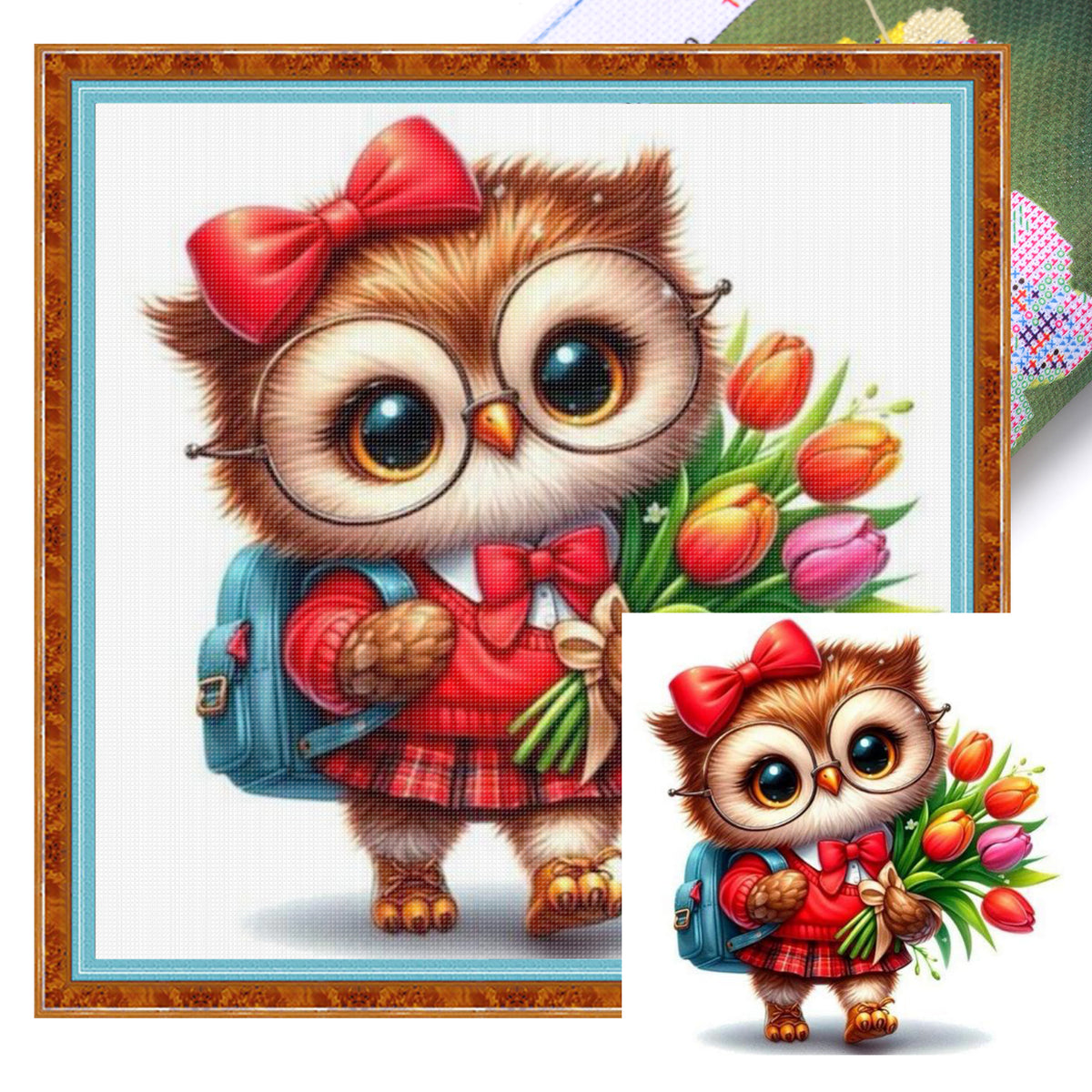 Owl With Tulip Bouquet - Full Stamped Cross Stitch 25x25CM - Huacan