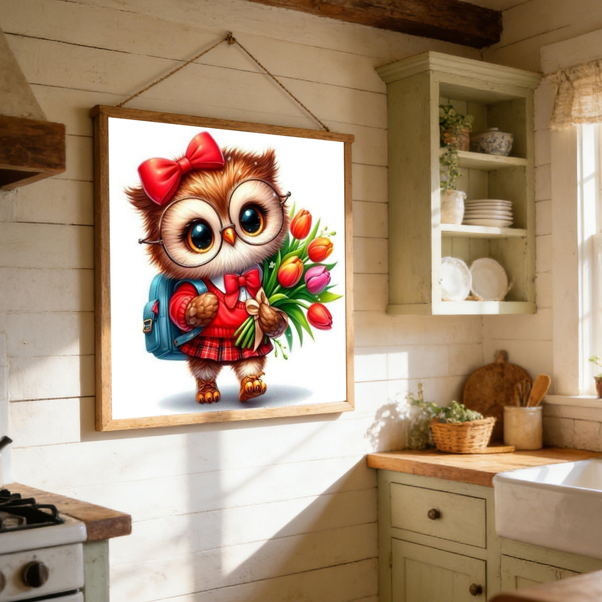 Owl With Tulip Bouquet - Full Stamped Cross Stitch 25x25CM - Huacan