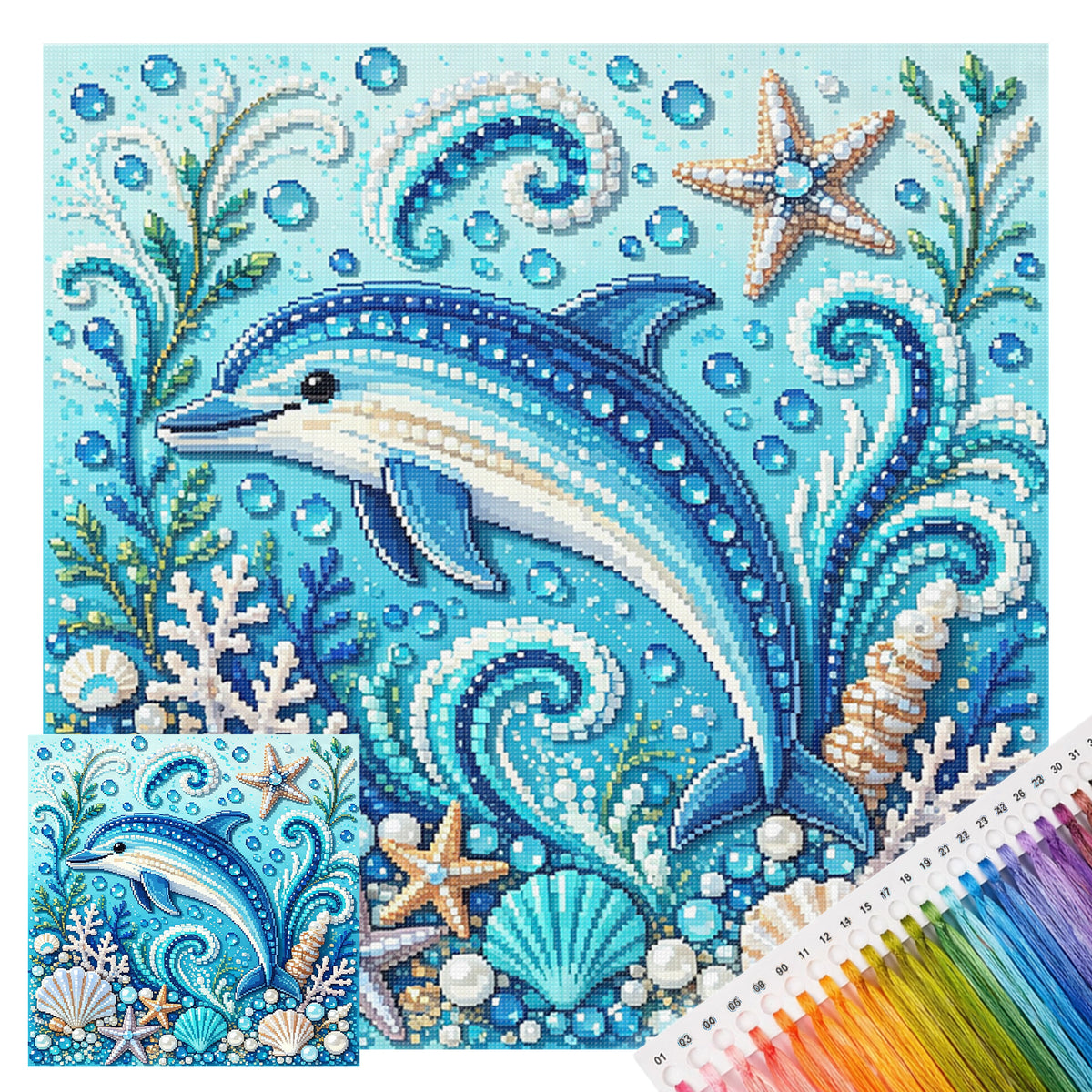 Marine Animal Dolphin - Full 14CT Stamped Cross Stitch 30x30CM - Huacan