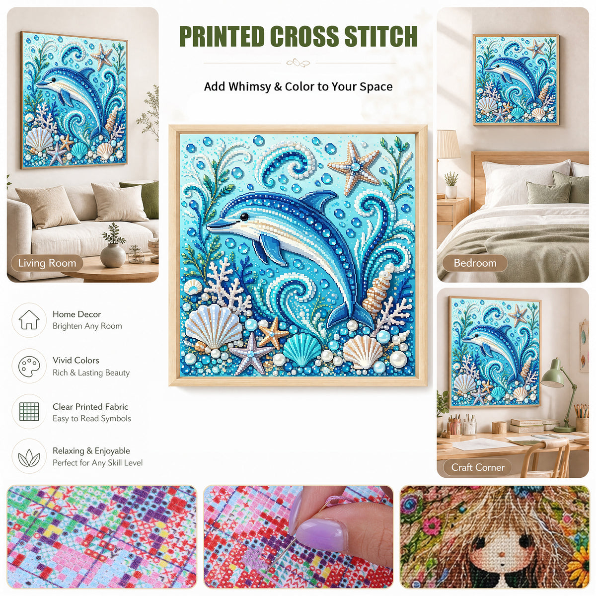 Marine Animal Dolphin - Full 14CT Stamped Cross Stitch 30x30CM - Huacan