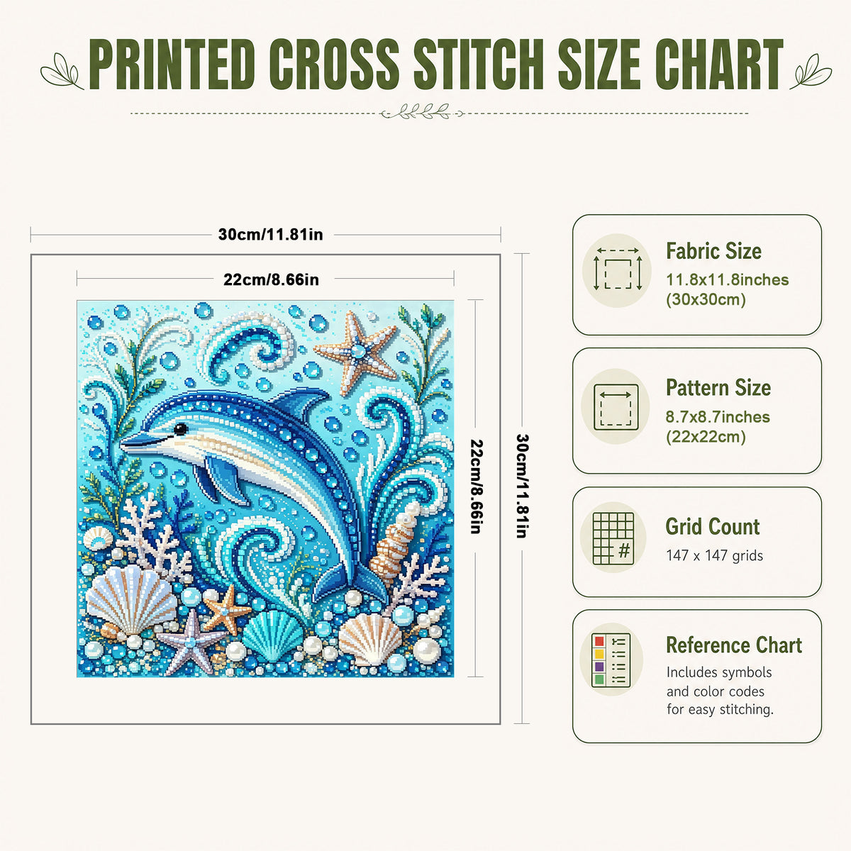 Marine Animal Dolphin - Full 14CT Stamped Cross Stitch 30x30CM - Huacan