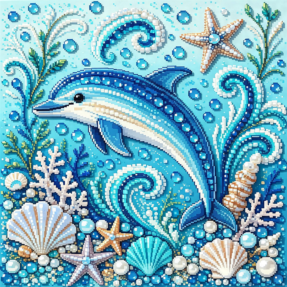 Marine Animal Dolphin - Full 14CT Stamped Cross Stitch 30x30CM - Huacan