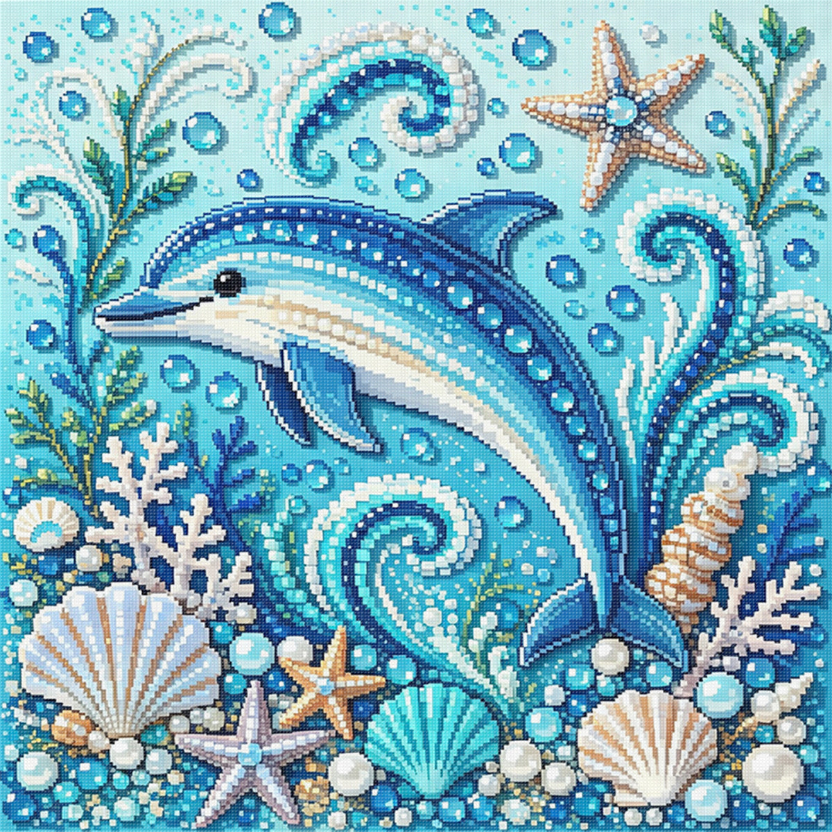 Marine Animal Dolphin - Full 14CT Stamped Cross Stitch 30x30CM - Huacan