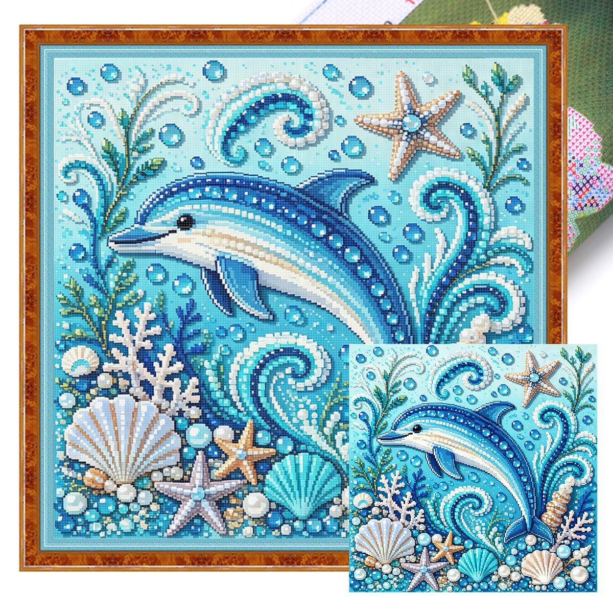Marine Animal Dolphin - Full 14CT Stamped Cross Stitch 30x30CM - Huacan