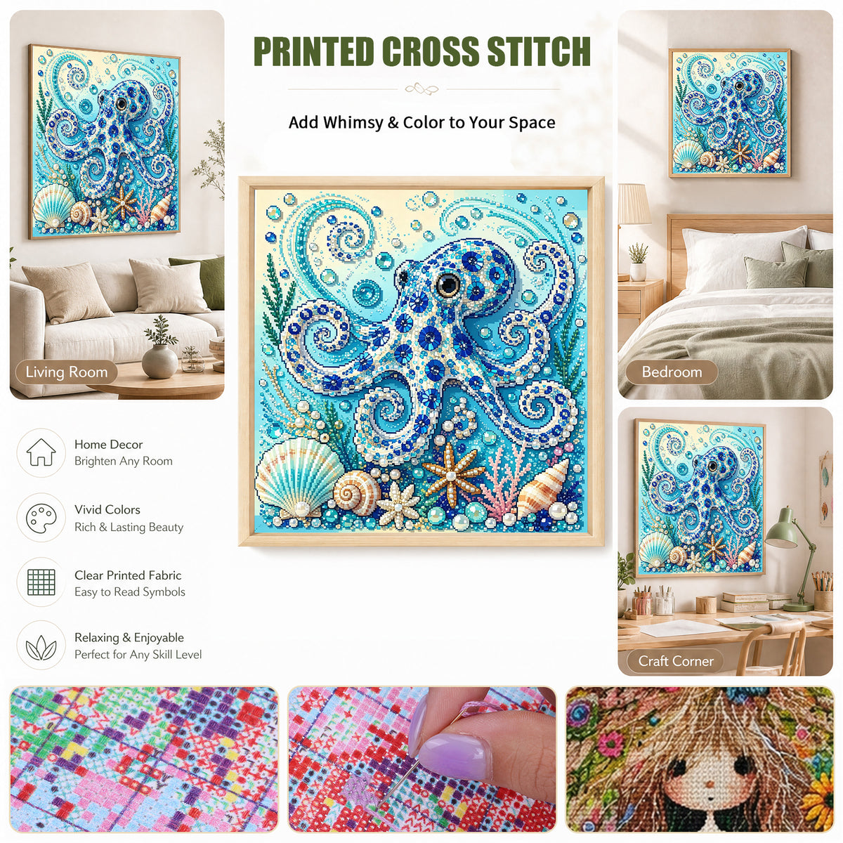 Marine Animal Octopus - Full 14CT Stamped Cross Stitch 30x30CM - Huacan