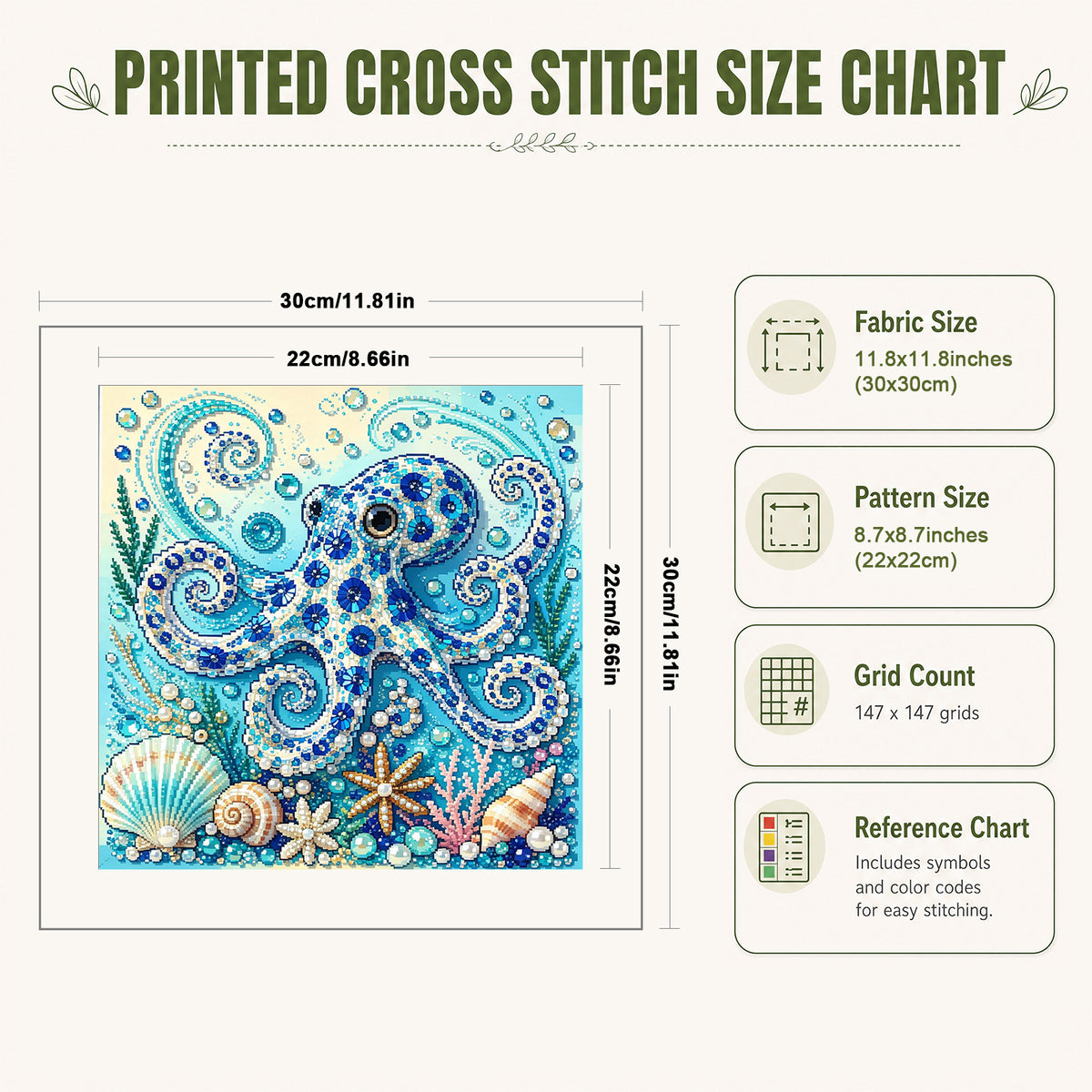 Marine Animal Octopus - Full 14CT Stamped Cross Stitch 30x30CM - Huacan
