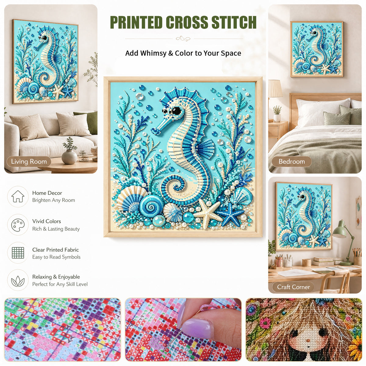 Marine Animal Seahorse - Full 14CT Stamped Cross Stitch 30x30CM - Huacan