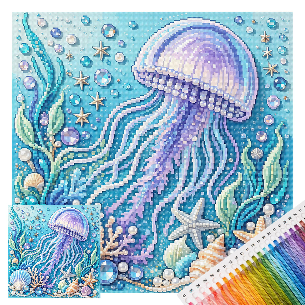Marine Animal Jellyfish - Full 14CT Stamped Cross Stitch 30x30CM - Huacan