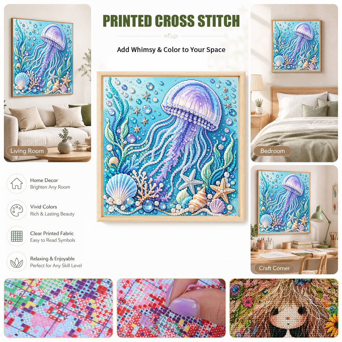 Marine Animal Jellyfish - Full 14CT Stamped Cross Stitch 30x30CM - Huacan