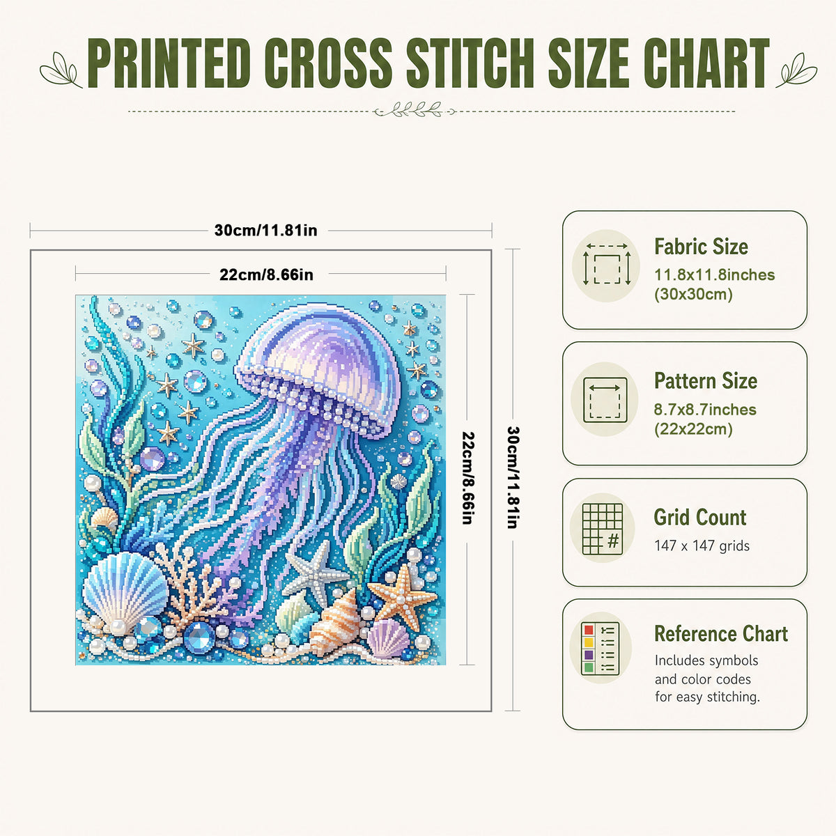 Marine Animal Jellyfish - Full 14CT Stamped Cross Stitch 30x30CM - Huacan