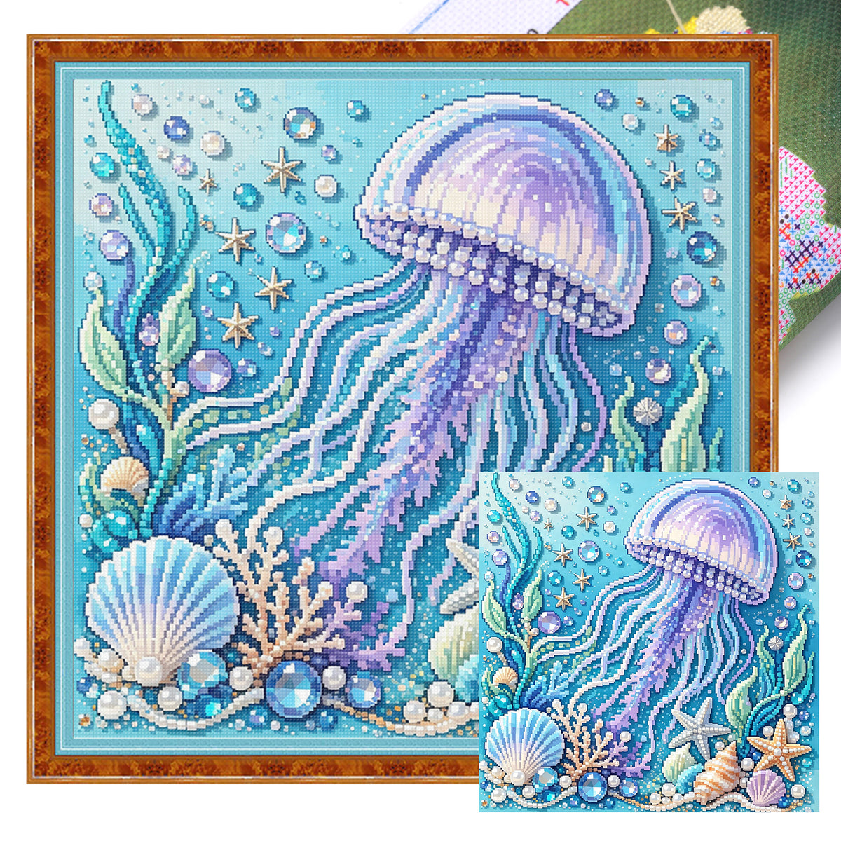 Marine Animal Jellyfish - Full 14CT Stamped Cross Stitch 30x30CM - Huacan