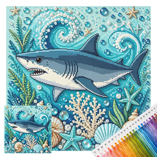 Marine Animal Great Shark - Full 14CT Stamped Cross Stitch 30x30CM - Huacan