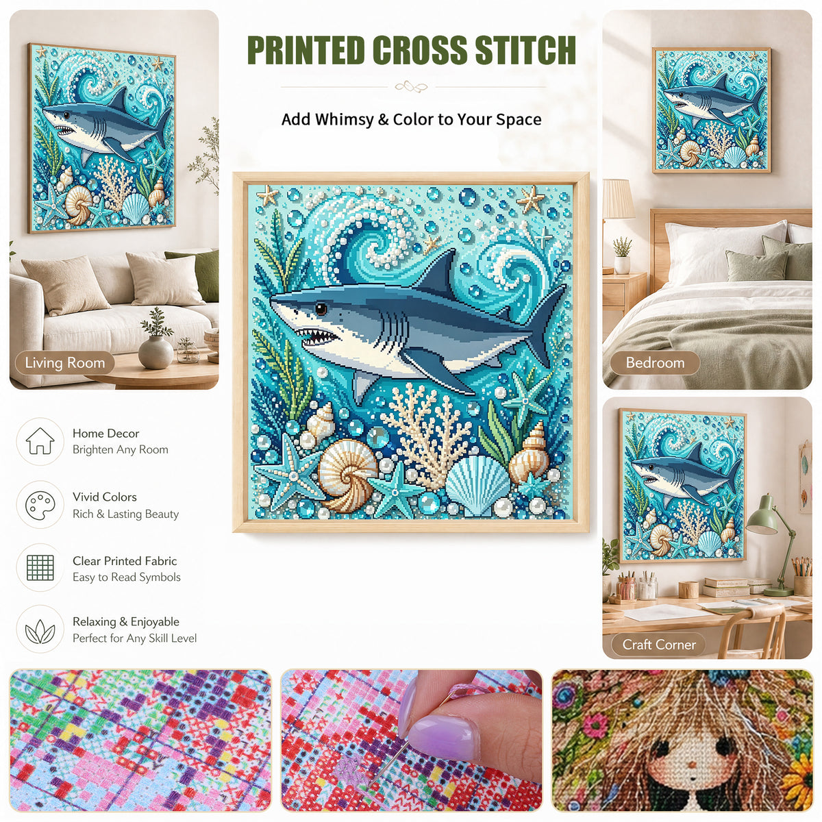 Marine Animal Great Shark - Full 14CT Stamped Cross Stitch 30x30CM - Huacan