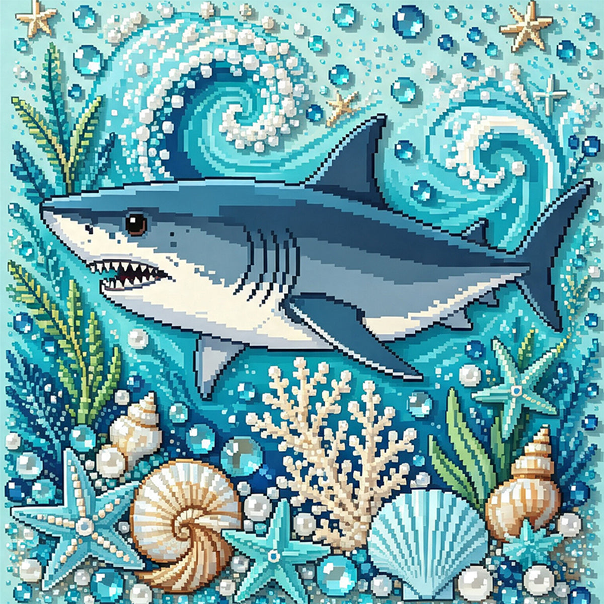 Marine Animal Great Shark - Full 14CT Stamped Cross Stitch 30x30CM - Huacan