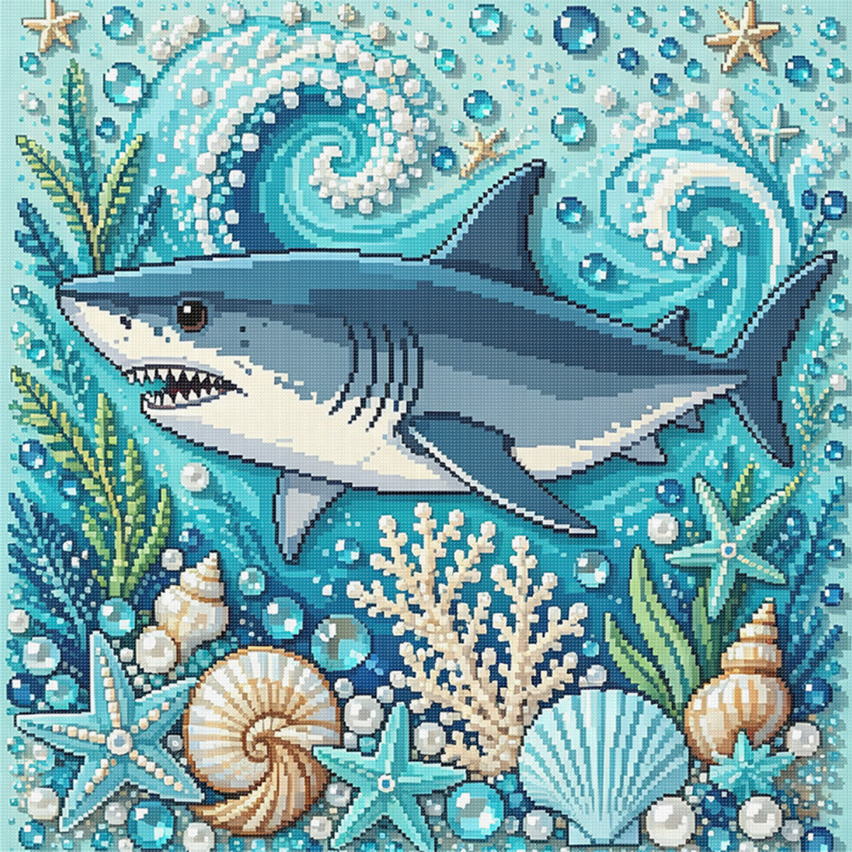 Marine Animal Great Shark - Full 14CT Stamped Cross Stitch 30x30CM - Huacan
