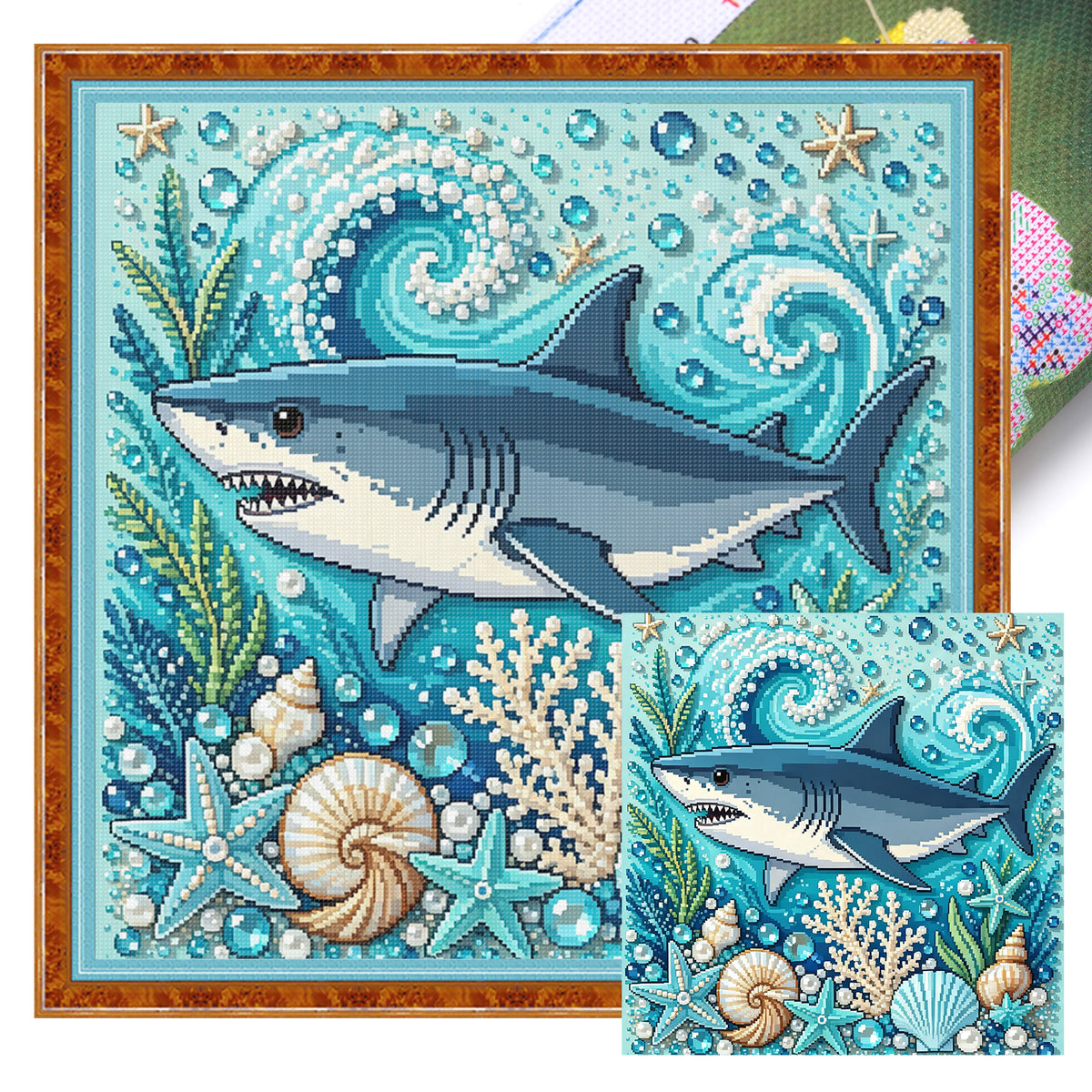 Marine Animal Great Shark - Full 14CT Stamped Cross Stitch 30x30CM - Huacan