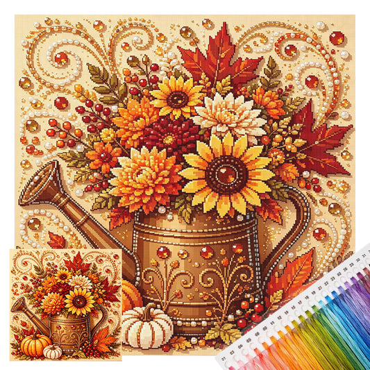 Autumn Pot Flower Field - Full 14CT Stamped Cross Stitch 30x30CM - Huacan