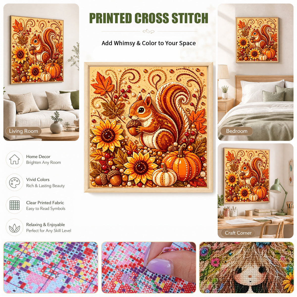 Autumn Forest Squirrel - Full 14CT Stamped Cross Stitch 30x30CM - Huacan