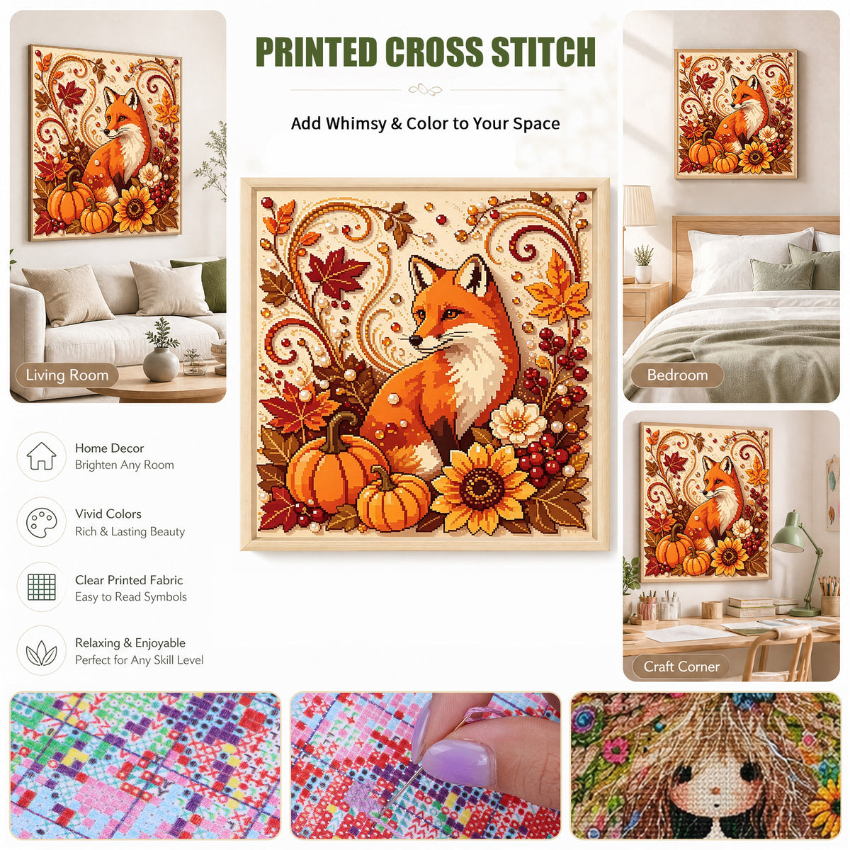 Autumn Spirit Fox - Full 14CT Stamped Cross Stitch 30x30CM - Huacan