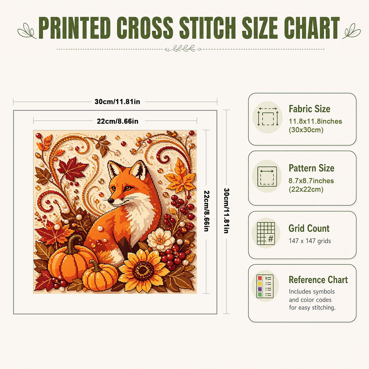 Autumn Spirit Fox - Full 14CT Stamped Cross Stitch 30x30CM - Huacan