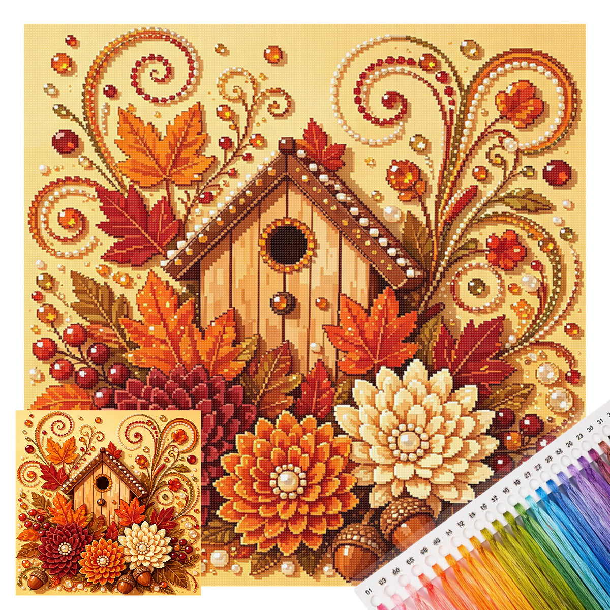 Herbstliches Vogelhaus aus Holz – Vollständiges 14CT gestempeltes Kreuzstich-Set 30x30CM – Huacan