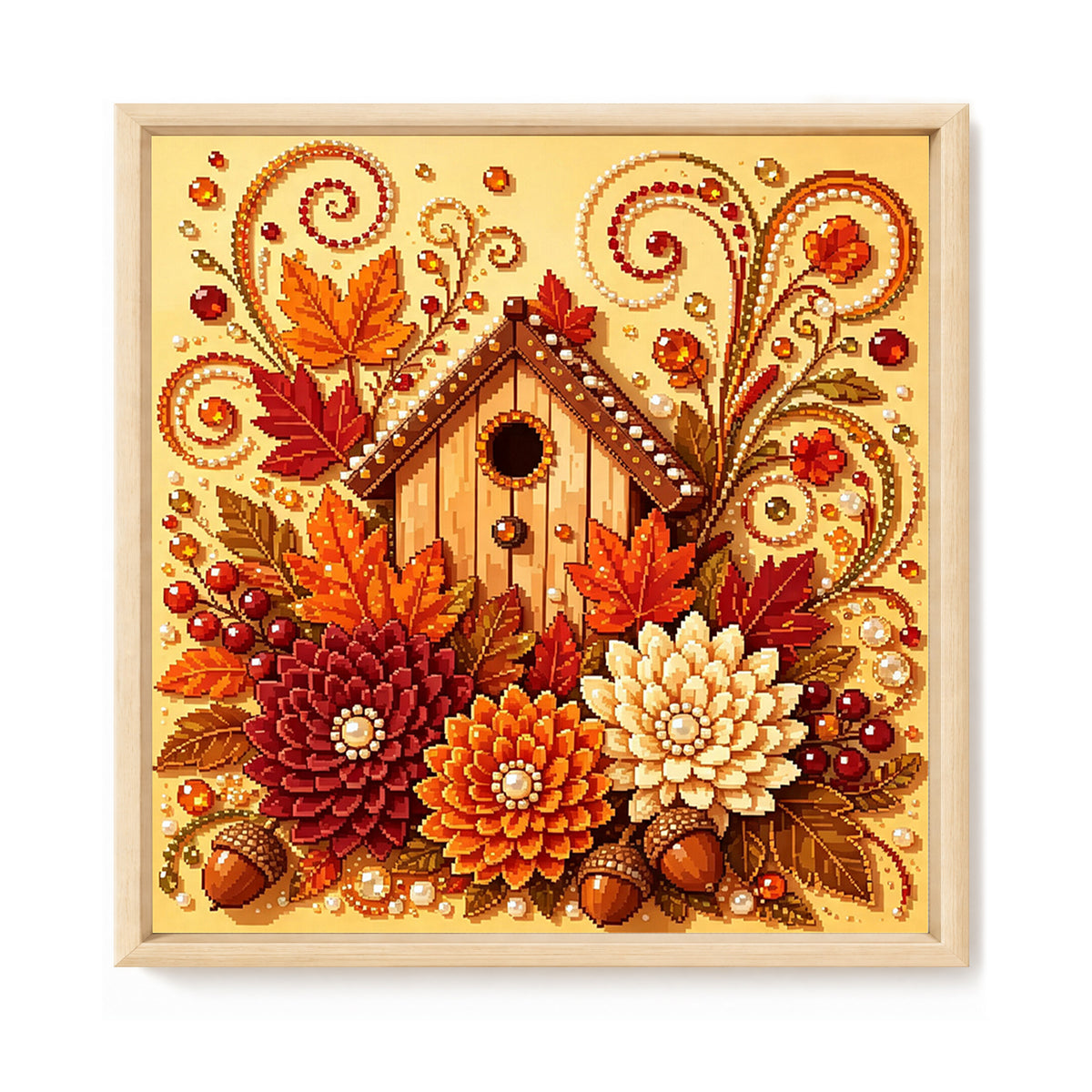 Herbstliches Vogelhaus aus Holz – Vollständiges 14CT gestempeltes Kreuzstich-Set 30x30CM – Huacan