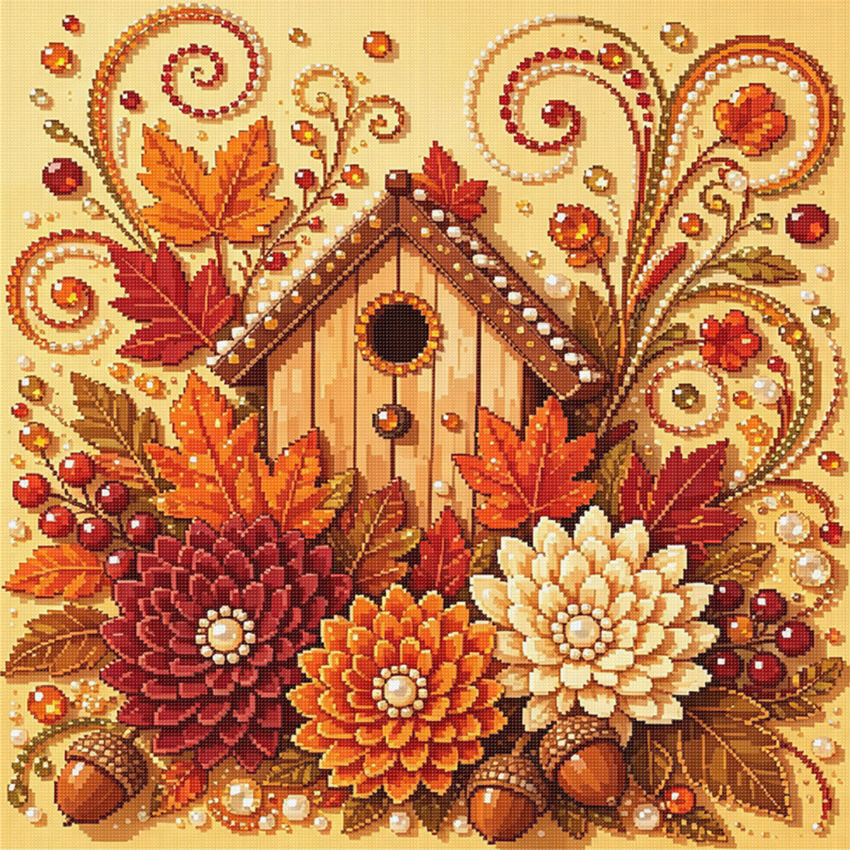Herbstliches Vogelhaus aus Holz – Vollständiges 14CT gestempeltes Kreuzstich-Set 30x30CM – Huacan