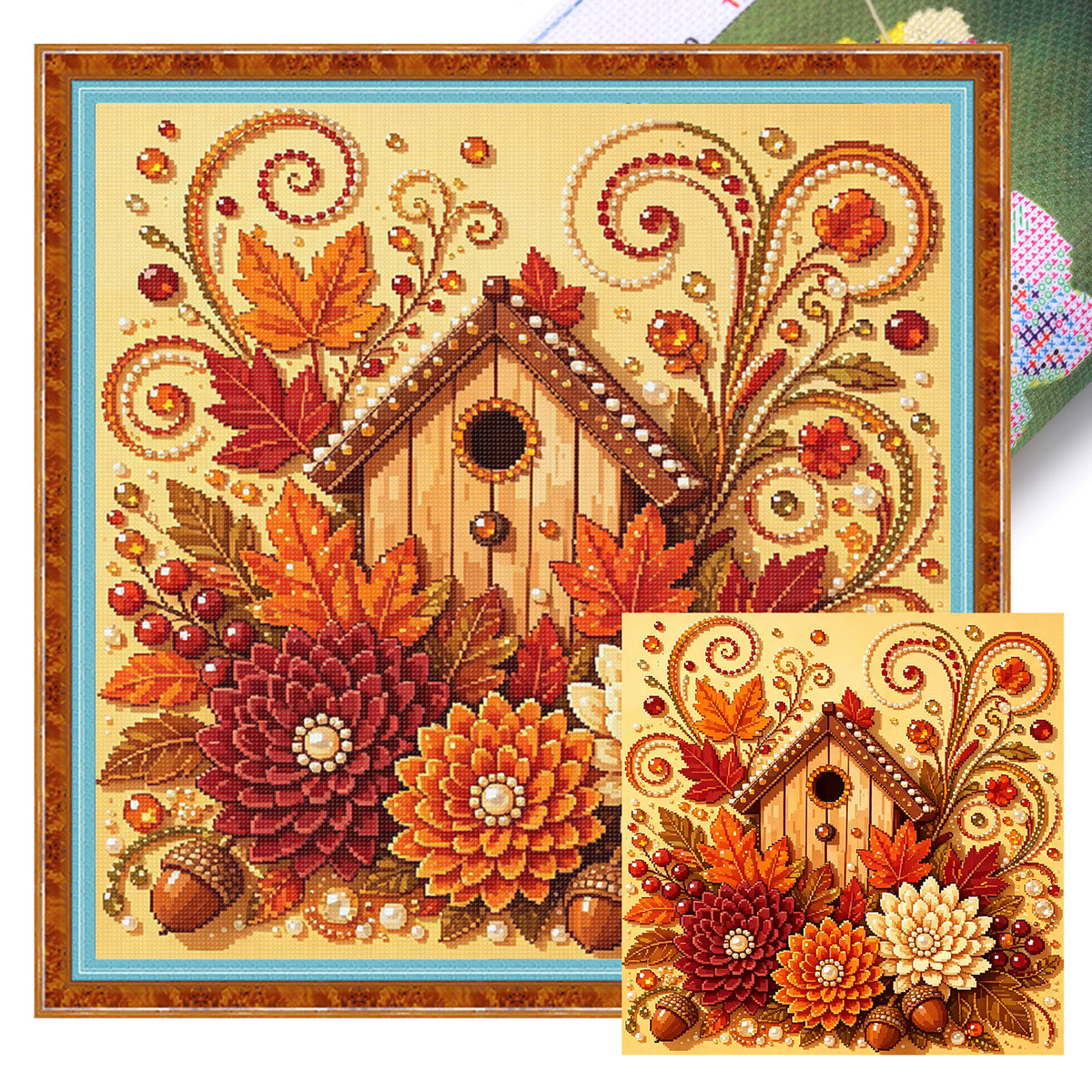 Herbstliches Vogelhaus aus Holz – Vollständiges 14CT gestempeltes Kreuzstich-Set 30x30CM – Huacan