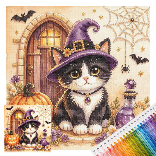 Lila Hut Kuh Katze - Vollständiges 14CT gestempeltes Kreuzstich-Set 30x30CM - Huacan