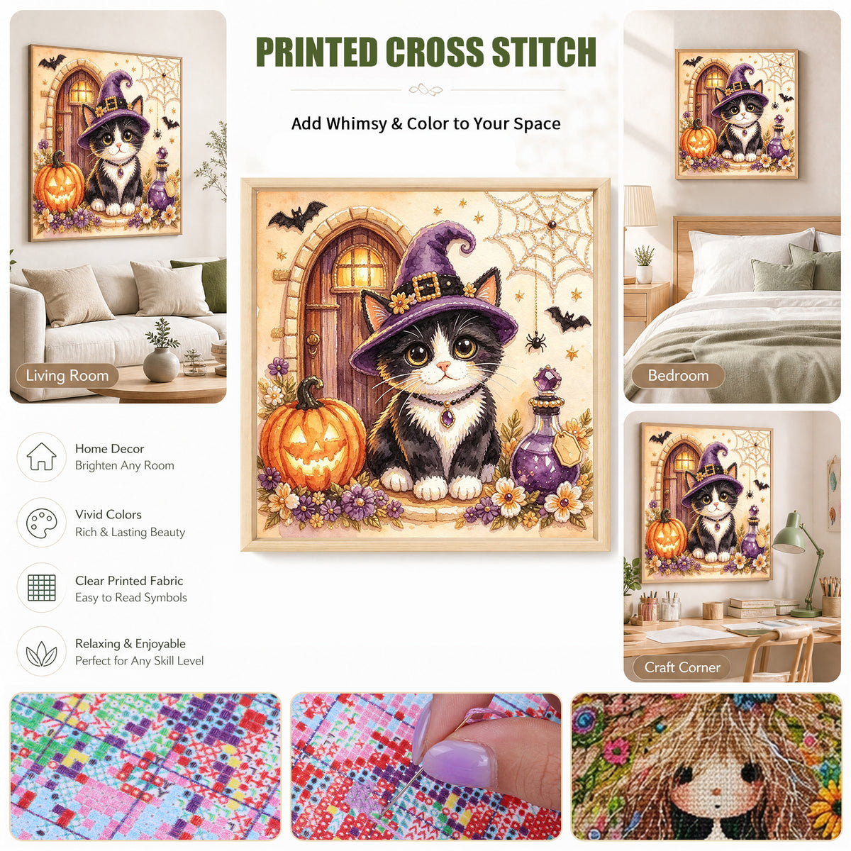 Purple Hat Cow Cat - Full 14CT Stamped Cross Stitch 30x30CM - Huacan