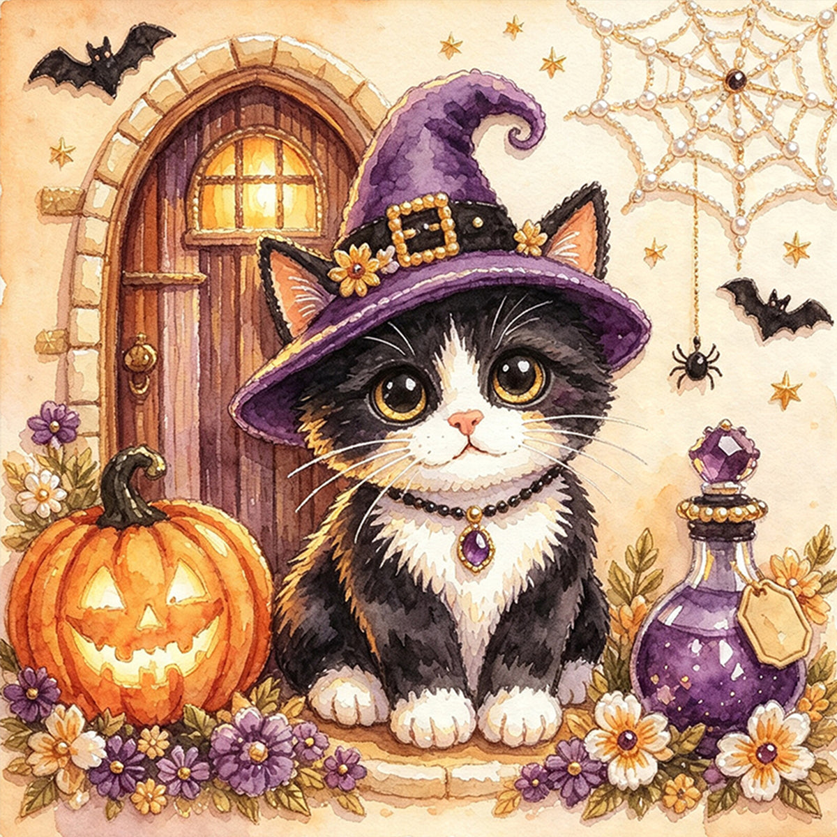 Purple Hat Cow Cat - Full 14CT Stamped Cross Stitch 30x30CM - Huacan