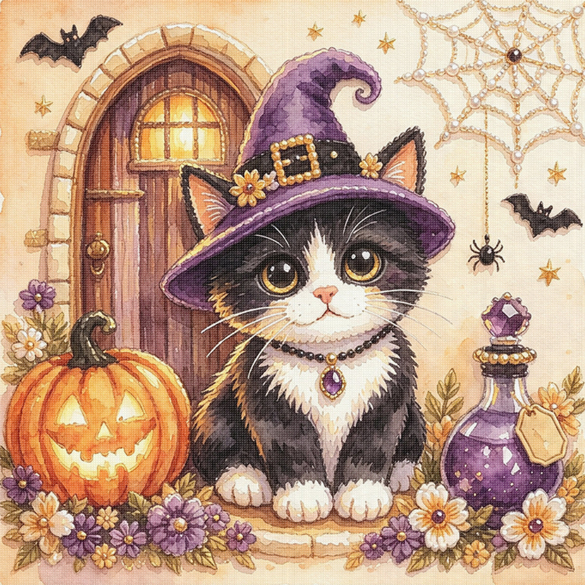 Purple Hat Cow Cat - Full 14CT Stamped Cross Stitch 30x30CM - Huacan